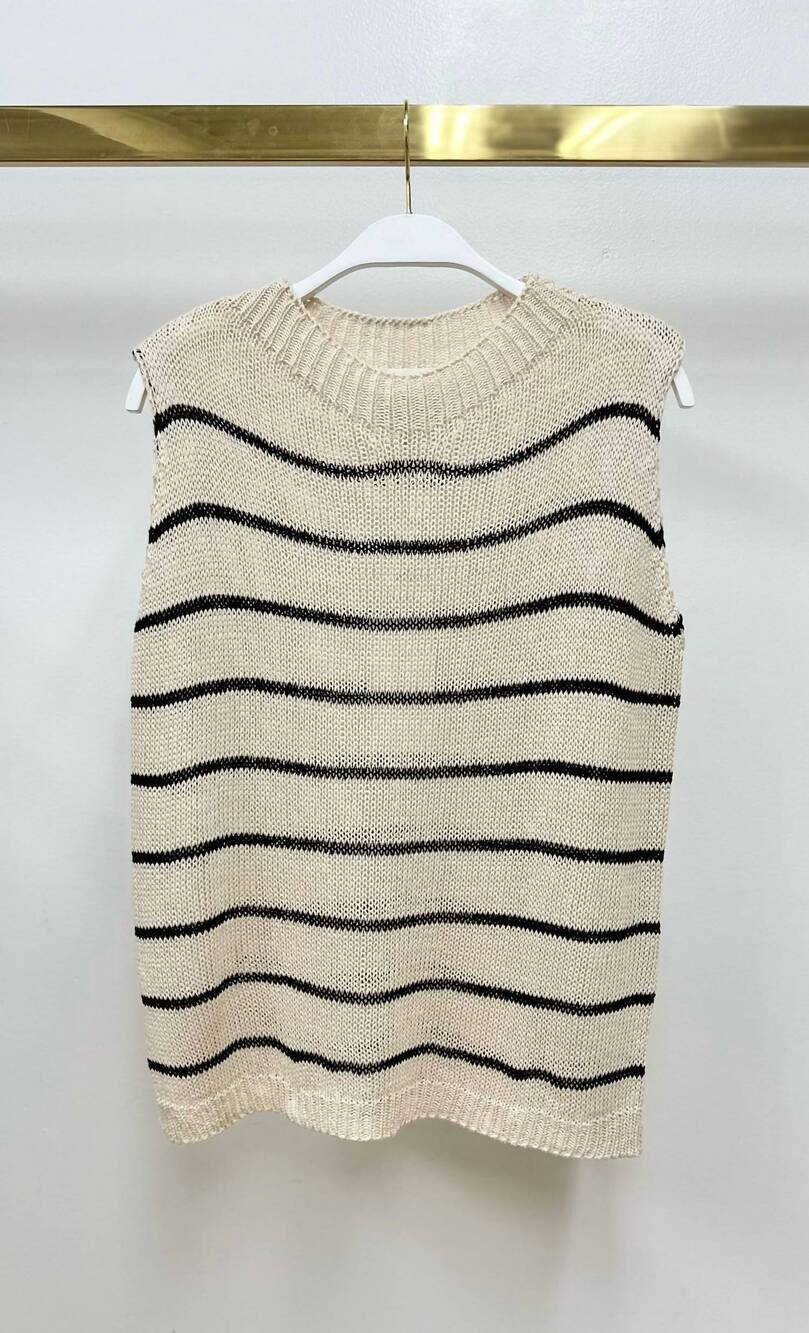 NEW MILIO MILANO women's striped sleeveless crew neck knit top in beige-black